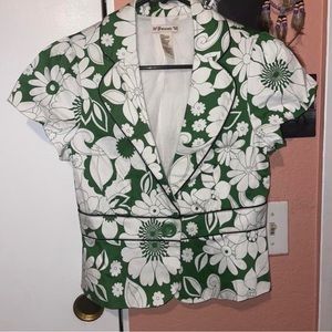 vintage green & white floral jacket vest w/ button